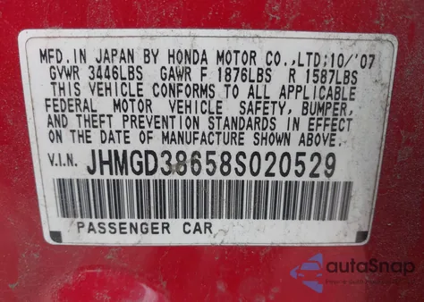 2008 Honda Fit Sport z USA, uszkodzony, nr VIN JHMGD38658S020529